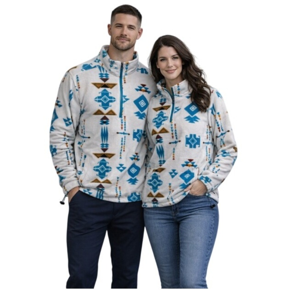 PacSun Unisex‎ Cream Blue 1/4 Zip Fleece Aztec Pullover Sweater Size S